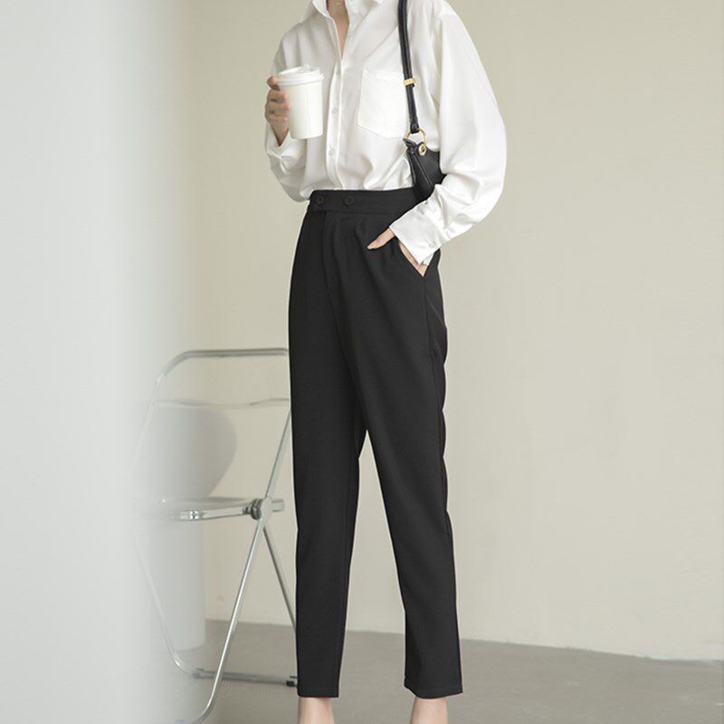 西装裤女春装大码小个子女裤显瘦九分高腰垂感直筒宽松休闲烟管裤