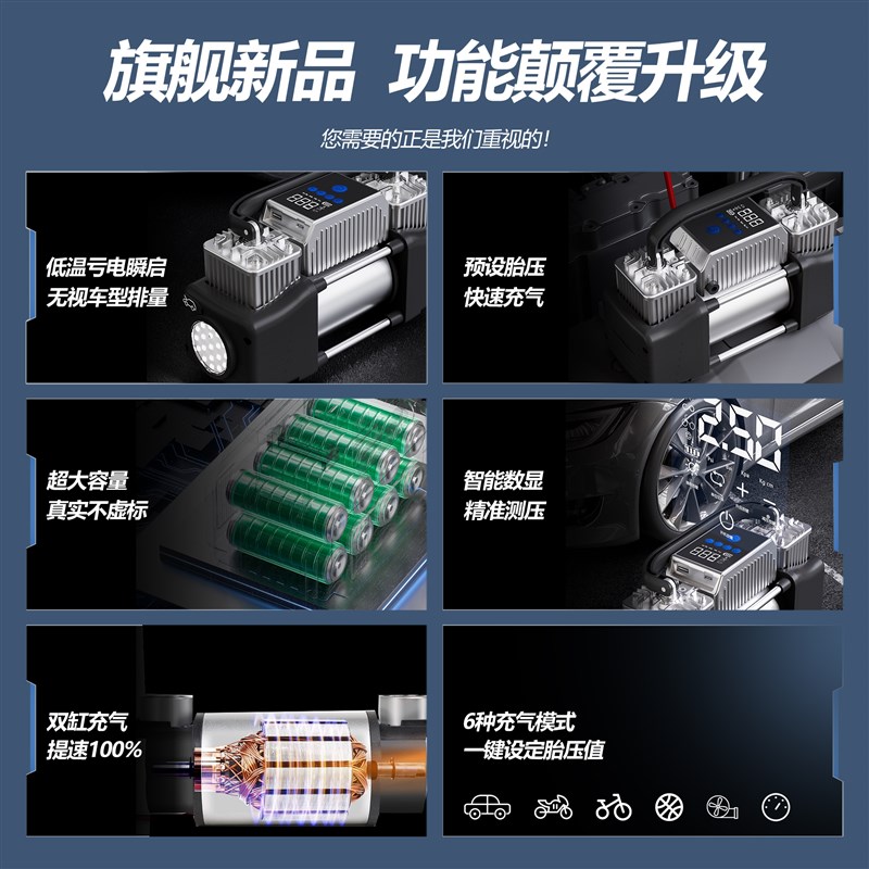 雷傲汽车应急启动电源充气泵一体机强力搭电宝双缸车载充气泵高压