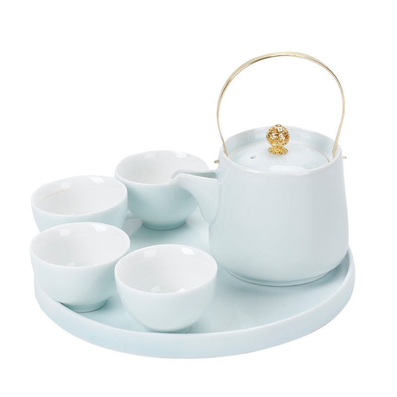 陶瓷功夫茶具套装中式家用客厅花茶壶提梁壶一壶四杯茶托盘小套组