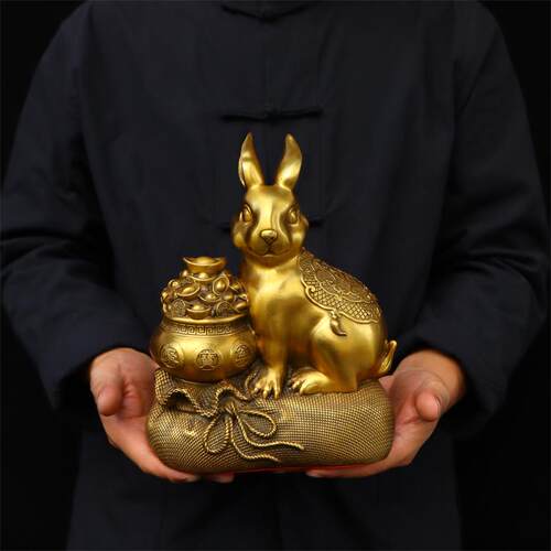 纯铜十二生肖之一聚宝盆兔子吉祥铜器摆件室内办公室桌面摆放用品