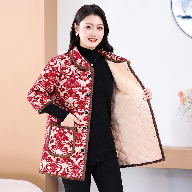 妈妈装冬季中长款加绒中袖棉衣马甲中老年女装七分袖保暖棉服马夹