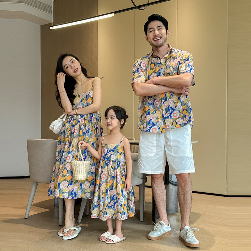 夏威夷亲子装夏装衬衫2024新款海边度假一家三口短袖母女沙滩裙潮