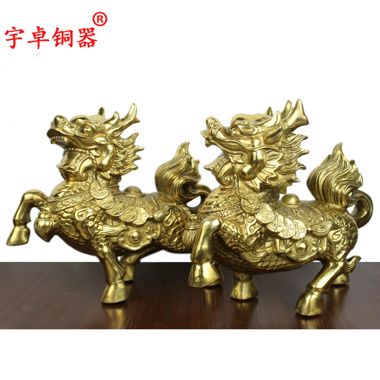 宇卓铜器 纯铜麒麟黄铜麒麟黄色麒麟一对工艺品摆件