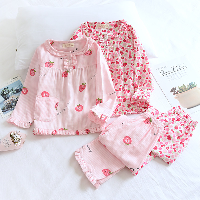 儿童空调服春夏纯棉薄款纱布套头长袖女童粉色草莓透气亲子家居服