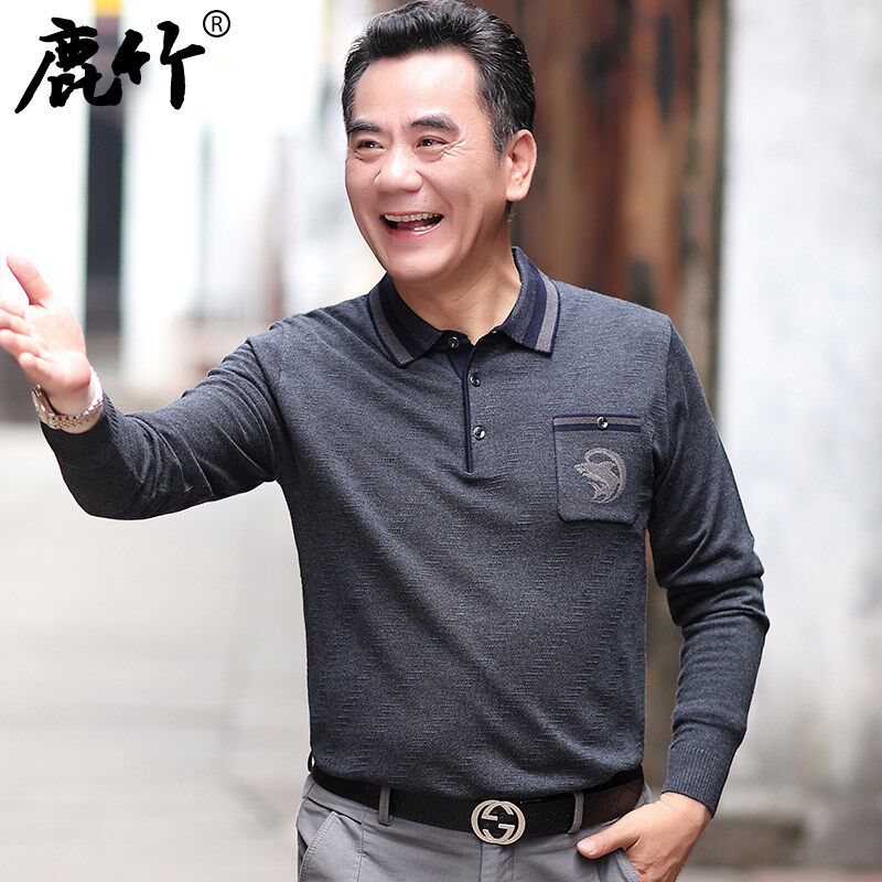 爸爸秋装长袖t恤中年男士薄款Polo衫中老年人爷爷休闲上衣服男装