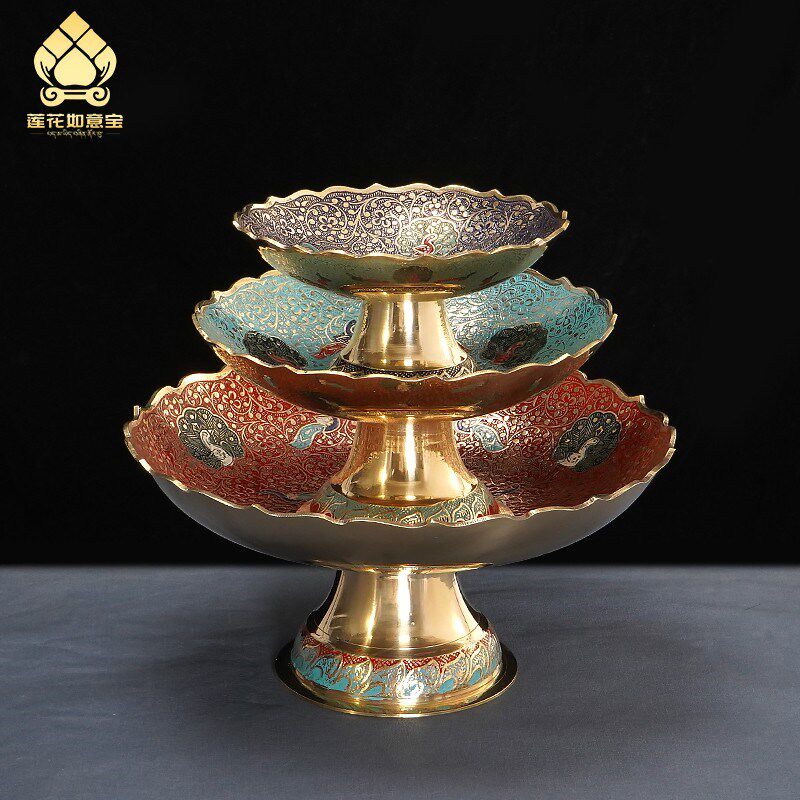 藏式家用铜果盘佛前供盘尼泊尔西藏特色工艺品纪念品摆件新中式