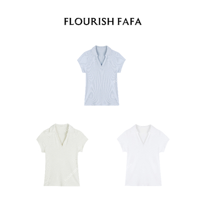 FLOURISH FAFA【花园】POLO螺纹V领美式短袖T恤上衣