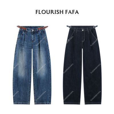 FLOURISH FAFA【织界】无弹调节腰带复古水洗斜兜明线弯刀牛仔裤