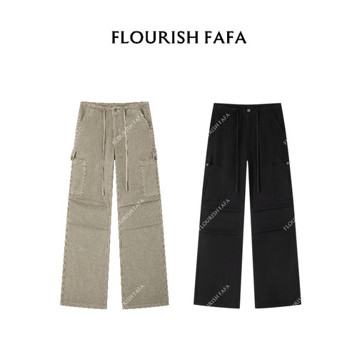 FLOURISH FAFA【沐风】无弹无腰头抽绳工装直筒牛仔裤