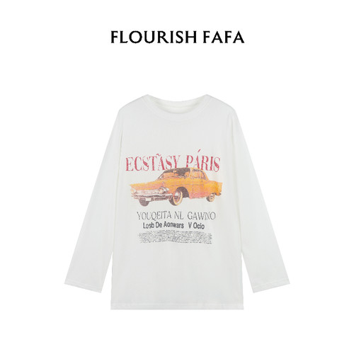 FLOURISH FAFA【小众】 夏季美式复古圆领长袖T恤字母印花上衣