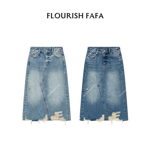 FLOURISH FAFA【晓北】夏季无弹复古水洗磨破毛边直筒牛仔半身裙