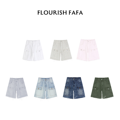 FLOURISH FAFA【凉茶】 无弹毛边多口袋设计四分牛仔裤短裤