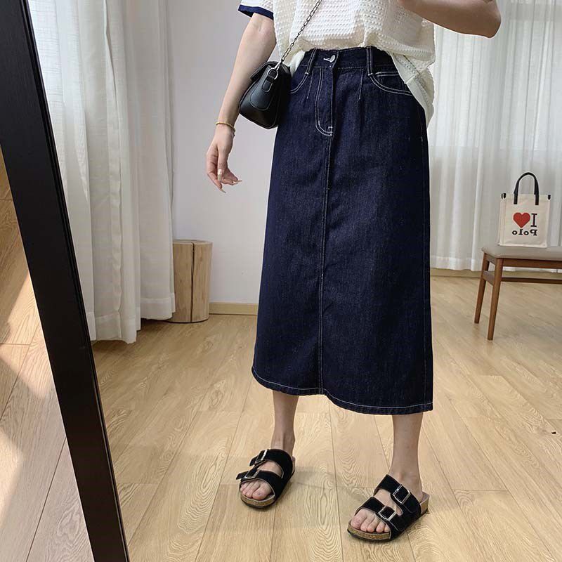 后半松紧腰无弹全棉后开叉牛仔半身裙女夏季遮肚显瘦a字夏天裙子