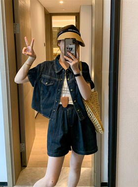 爱情魔鬼鱼 深蓝色牛仔两件套女2024年夏季新款短袖上衣+短裤套装
