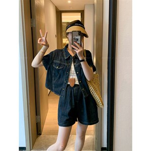 爱情魔鬼鱼 深蓝色牛仔两件套女2024年夏季新款短袖上衣+短裤套装
