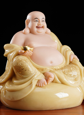 弥勒佛菩萨大肚笑佛像汉白玉石雕笑佛黄玉镶金家用客厅招财摆件