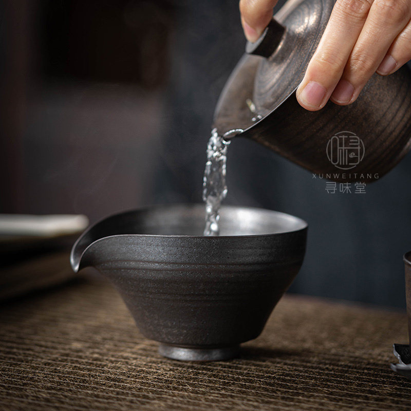 古铜釉粗陶公道杯复古风茶海鎏金铁锈釉分茶杯匀杯陶瓷功夫茶具