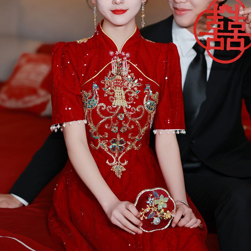 酒红色旗袍敬酒服2024新款新娘订婚女结婚回门礼服小个子蕾丝立领