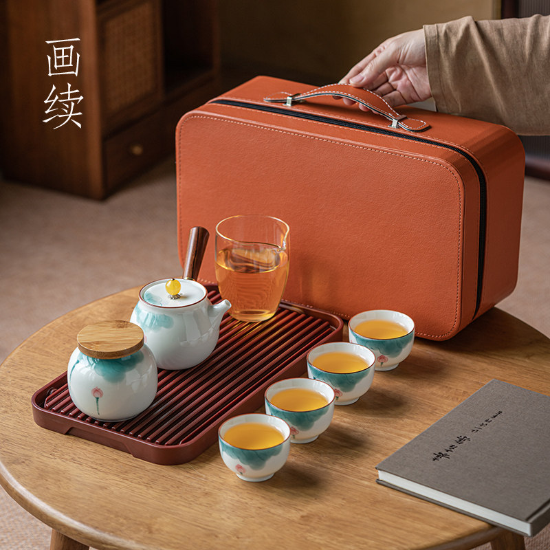 画续户外旅行茶盘功夫茶具套装家用便携式收纳包纯手绘荷花新款