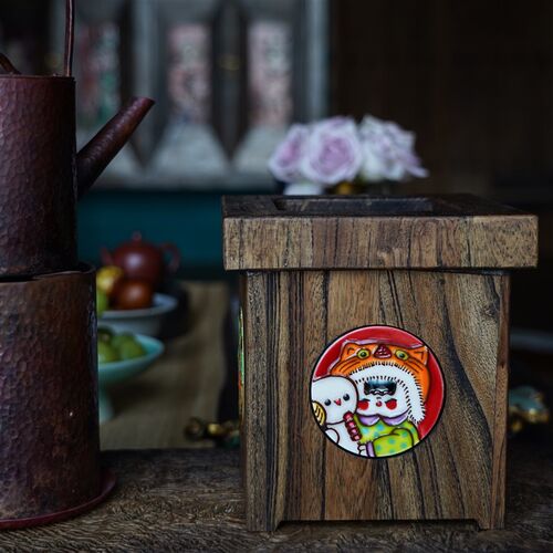 四面玲珑实木桌面家用迷你垃圾桶纸篓多功能收纳盒瓷板画装饰摆件