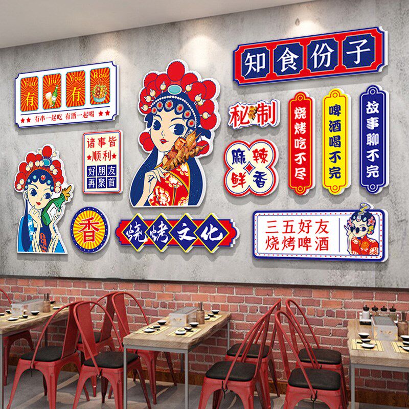 国潮风网红打卡背景墙装饰撸串串烤肉炸串烧烤店墙面装修创意墙纸