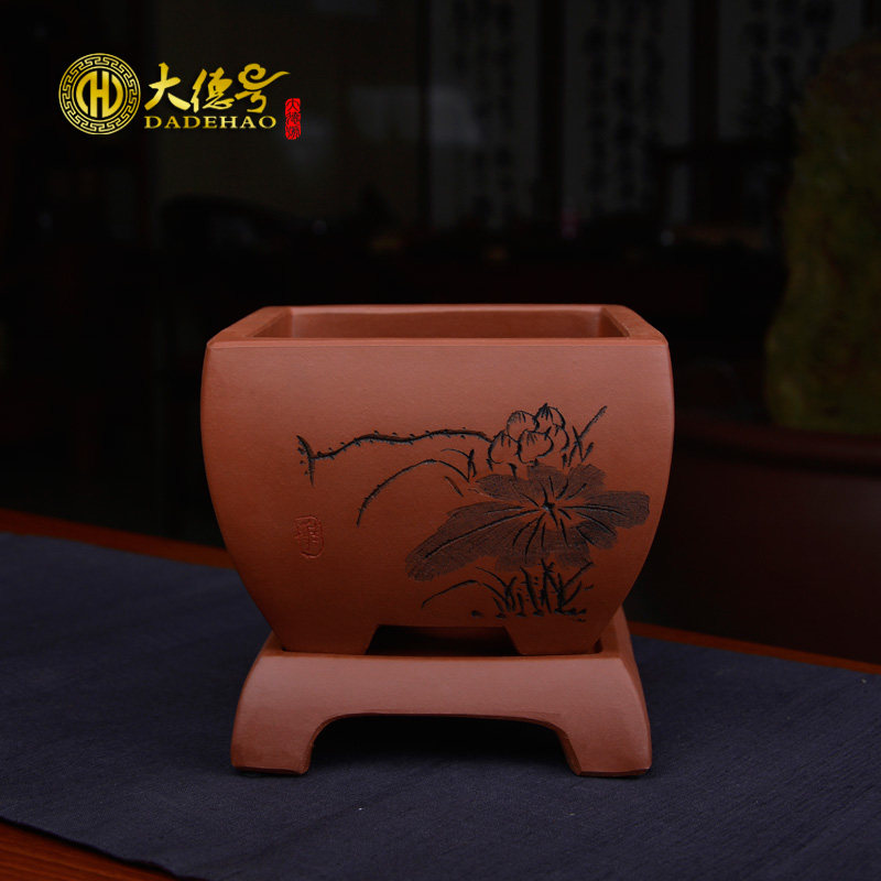 紫砂花盆 直口四方刻绘大小号带托盘矮种兰花绿植盆栽紫檀盆景盆