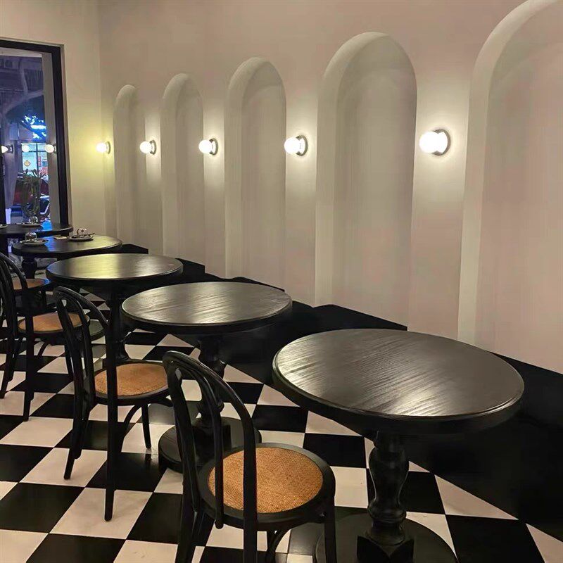 法式餐桌黑色纯实木中古圆形咖啡桌洽谈木质美式小方桌酒店边几