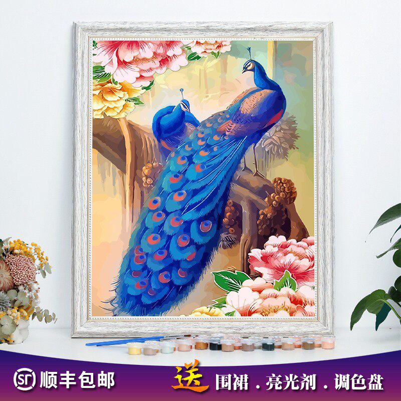 diy数字油画孔雀凤凰动物唯美手工绘减压治愈涂画填色装饰油彩画
