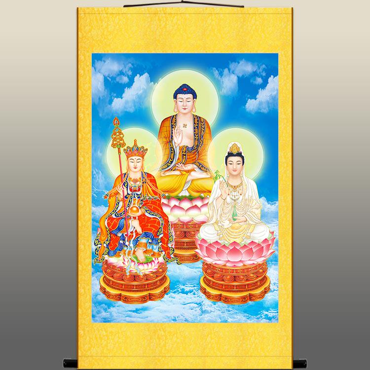 高清娑婆三圣佛像画 地藏王观音菩萨释迦牟尼佛祖如来画像 可定制