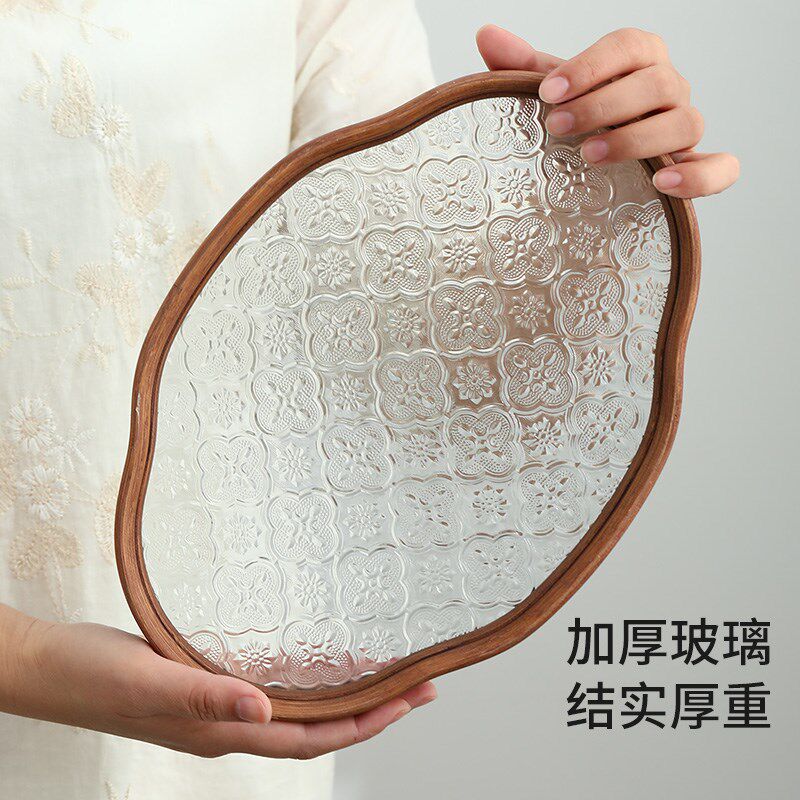 海棠花玻璃托盘复古长方形茶盘收纳摆件茶杯沥水干泡盘点心水果盘