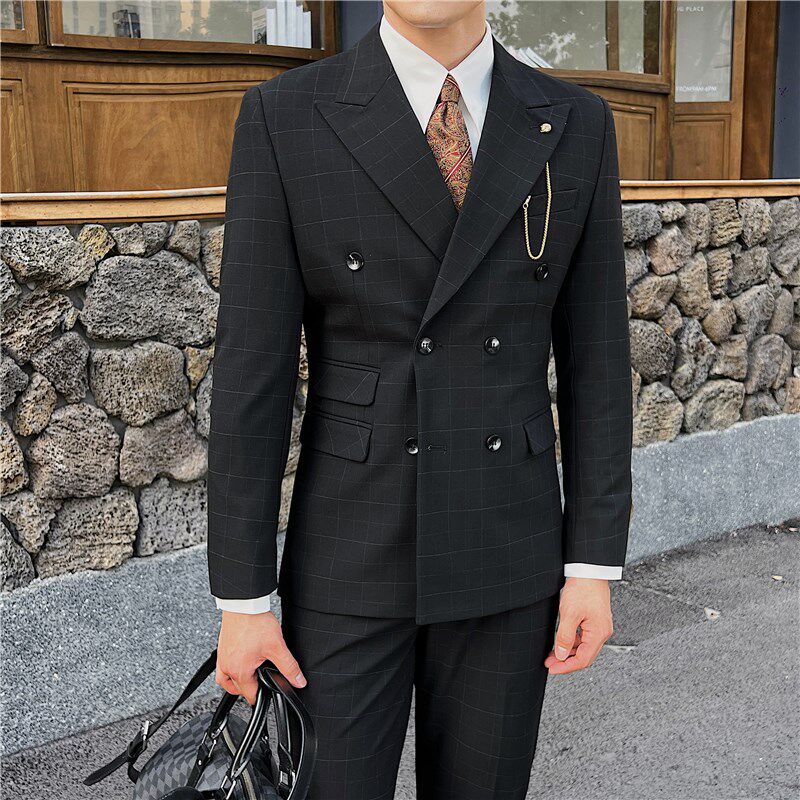 英伦修身男士双排扣格子西服三件套新郎伴郎结婚礼服西装套装男装