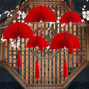红金色纸半扇子商场橱窗装饰布置龙新年会春店铺吊饰中式春节国潮