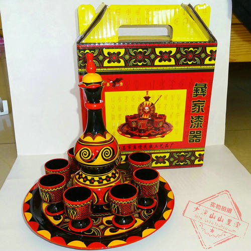 包邮大凉山彝族民间漆器彩绘全手工艺品葫芦酒壶套装礼盒小号摆设
