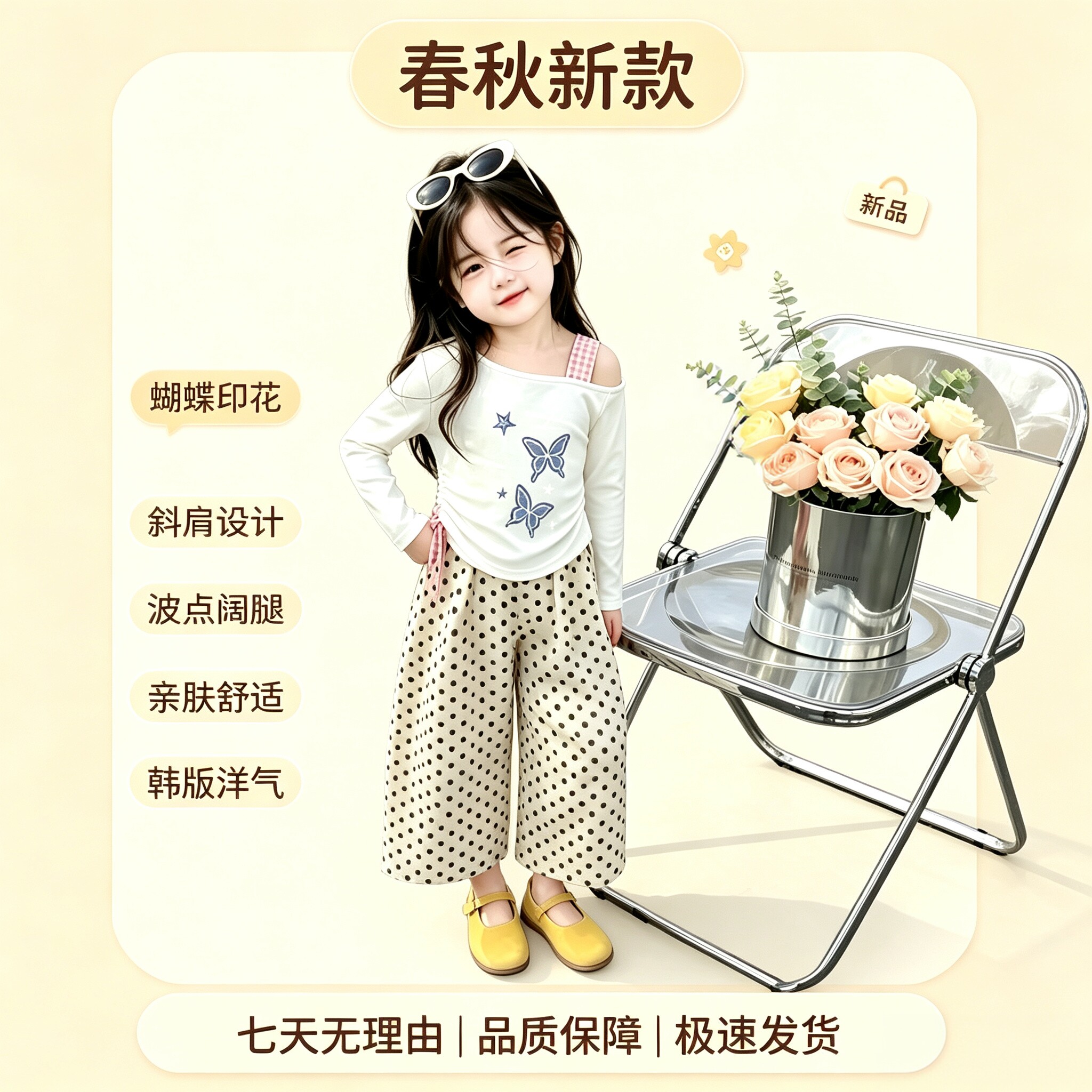 女童秋季露肩长袖阔腿裤两件套