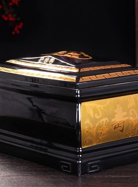 高档骨灰盒罐盅迁坟描金捡骨坛景德镇乌金陶瓷器寿盒棺材男女用款