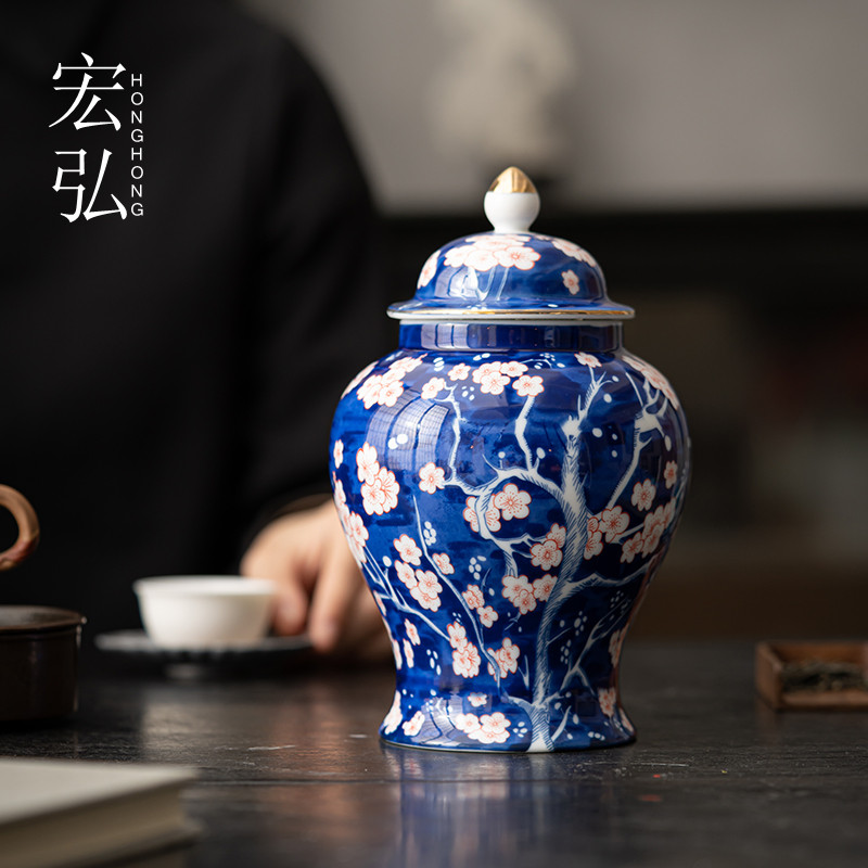 茶叶罐陶瓷密封罐家用储存复古中式青花将军瓶陈皮普洱红茶醒茶罐