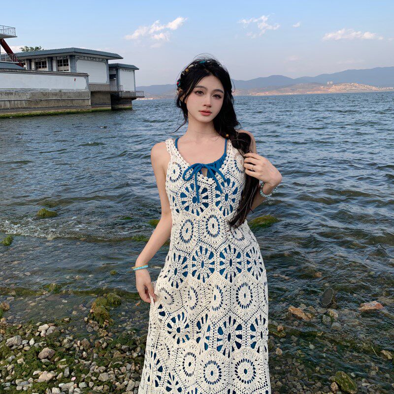 白色波西米亚镂空宽松长款叠穿背心裙显瘦无袖连衣裙沙滩裙吊带裙