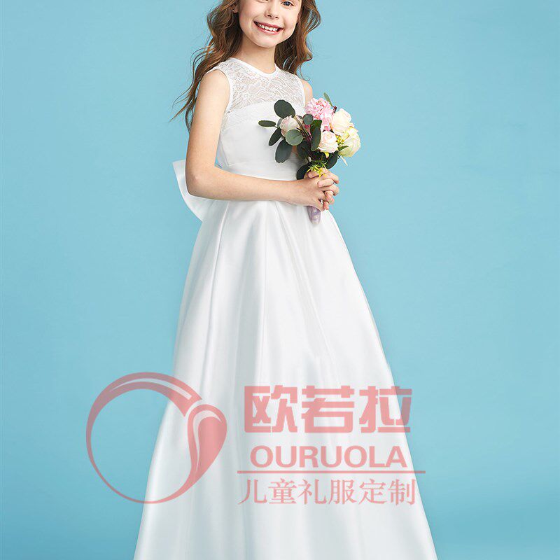 女童小提琴主持人钢琴演出晚礼服儿童伴娘婚纱白色锻面长款公主裙