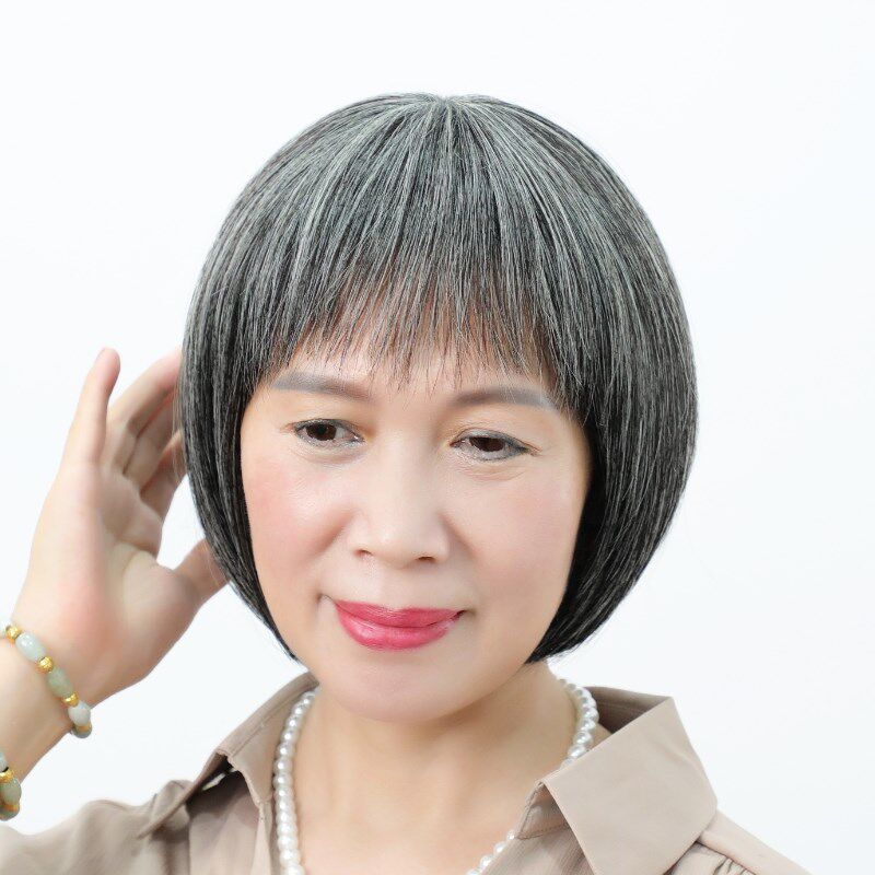 老人假发奶奶白发短发真发老太太花白头发波波头老年人光头全头套