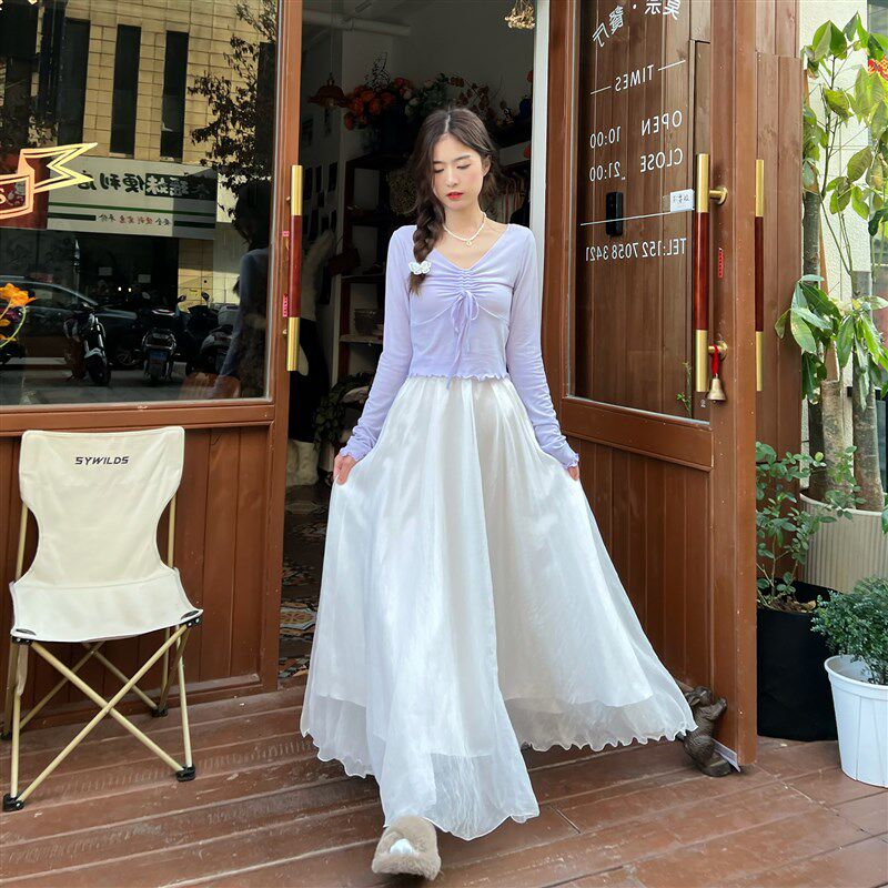 一罐杏仁桃温柔白色a字仙气飘飘半身纱裙秋冬高腰显瘦大摆仙女裙