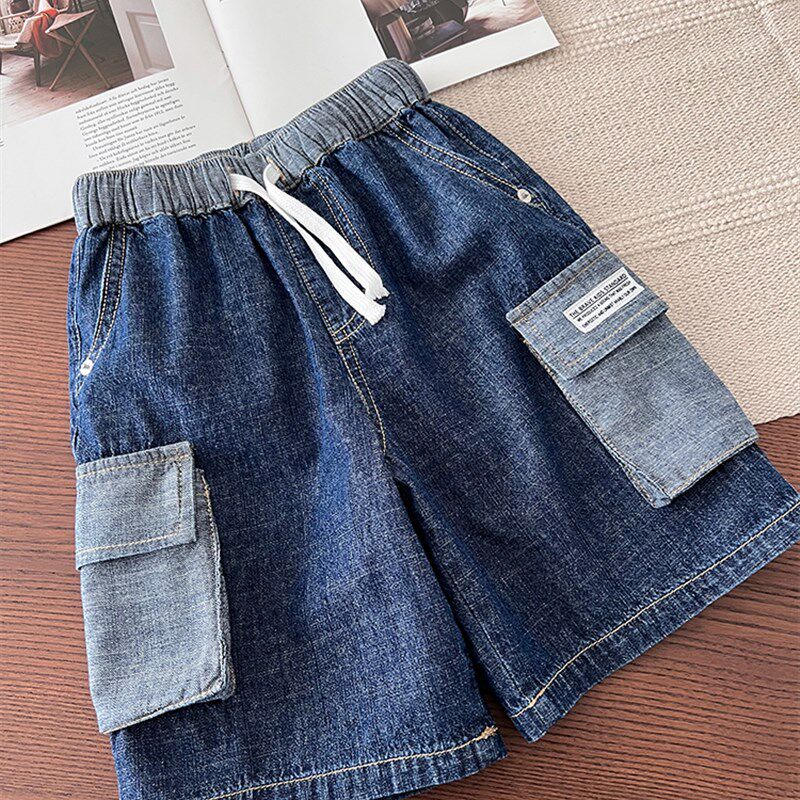 夏季男童纯棉牛仔短裤薄~中大童撞色口袋工装五分裤宽松休闲中裤