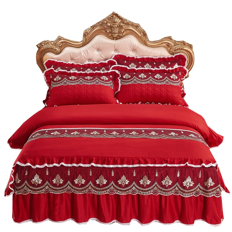 纯棉加厚被套四件套床裙款夹棉1.8公主风蕾丝双人2.0床罩床单婚庆