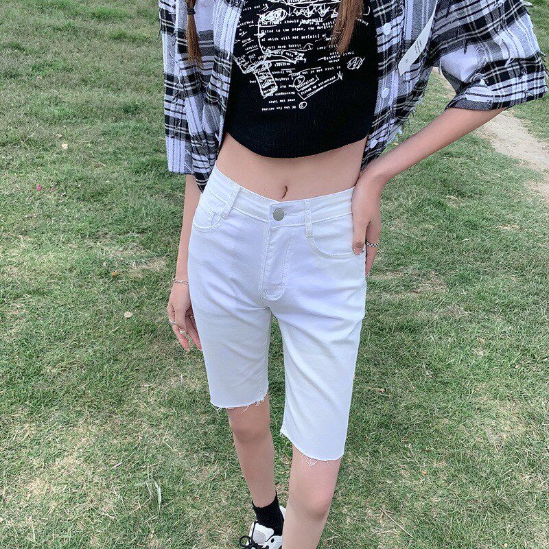 白色高腰牛仔短裤女夏季五分裤子修身弹力毛边外穿骑行裤5分中裤