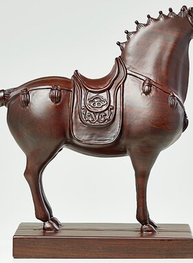 黑檀木雕唐马摆件实木工艺品马到成功客厅酒柜玄关办公室开业礼品