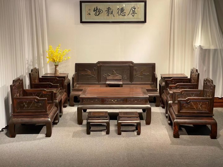 大叶紫檀卢氏黑黄檀客厅精雕花鸟沙发宝座仿古典新中式红木家具图片