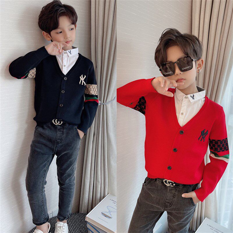 男童针织开衫男孩假两件红色新年毛衣大童2023秋冬儿童学院风外套