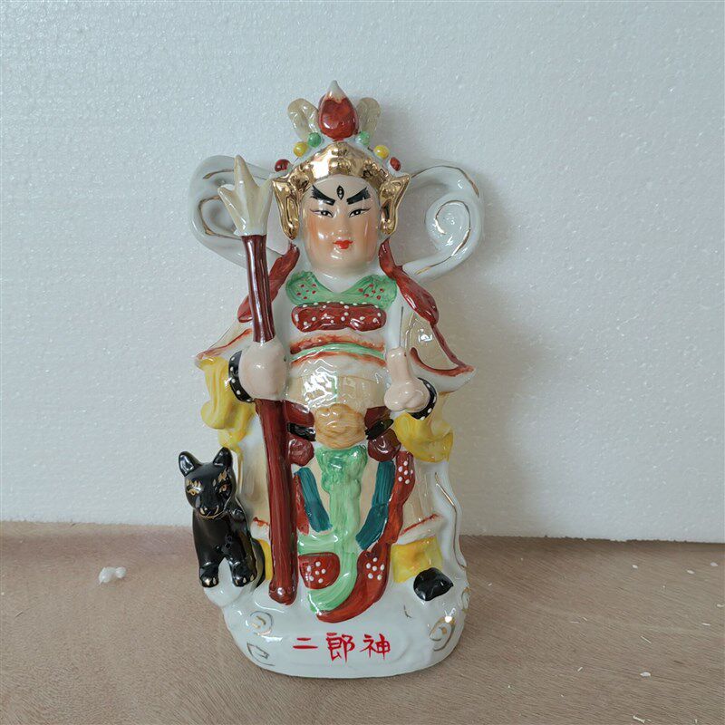 陶瓷二郎神神像显圣真君杨戬哮天犬古彩三目真君战象南天门摆件