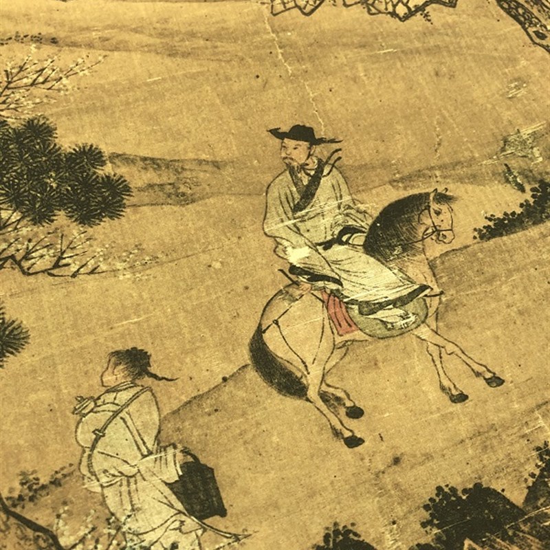 明 唐寅 松林扬鞭图 唐伯虎山水风景人物国画立轴装饰画挂轴装裱