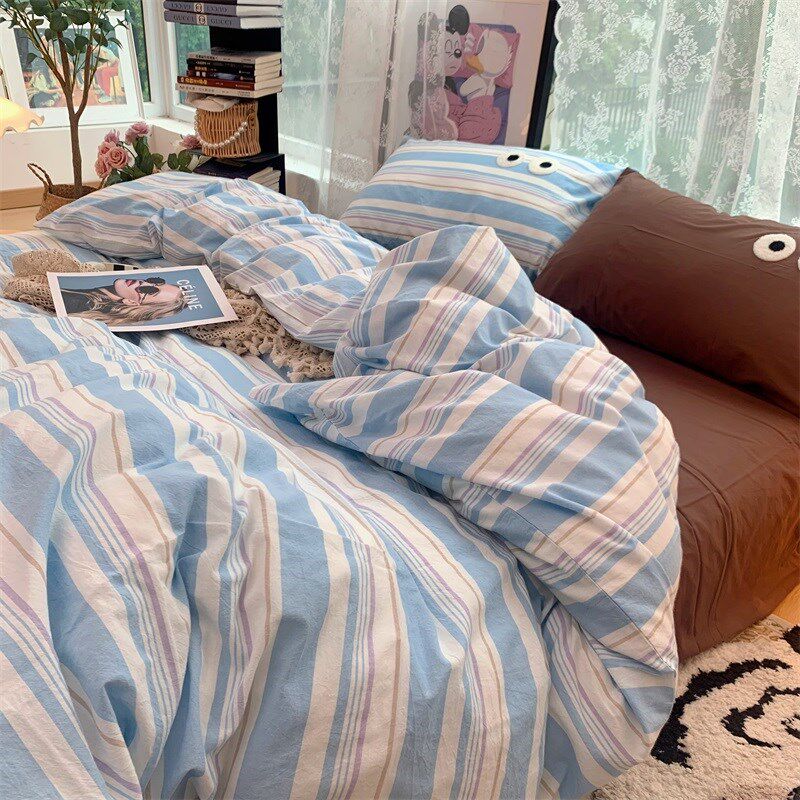 小清新蓝色简约条纹大眼睛四件套撞色被套床上用品床单宿舍三件套