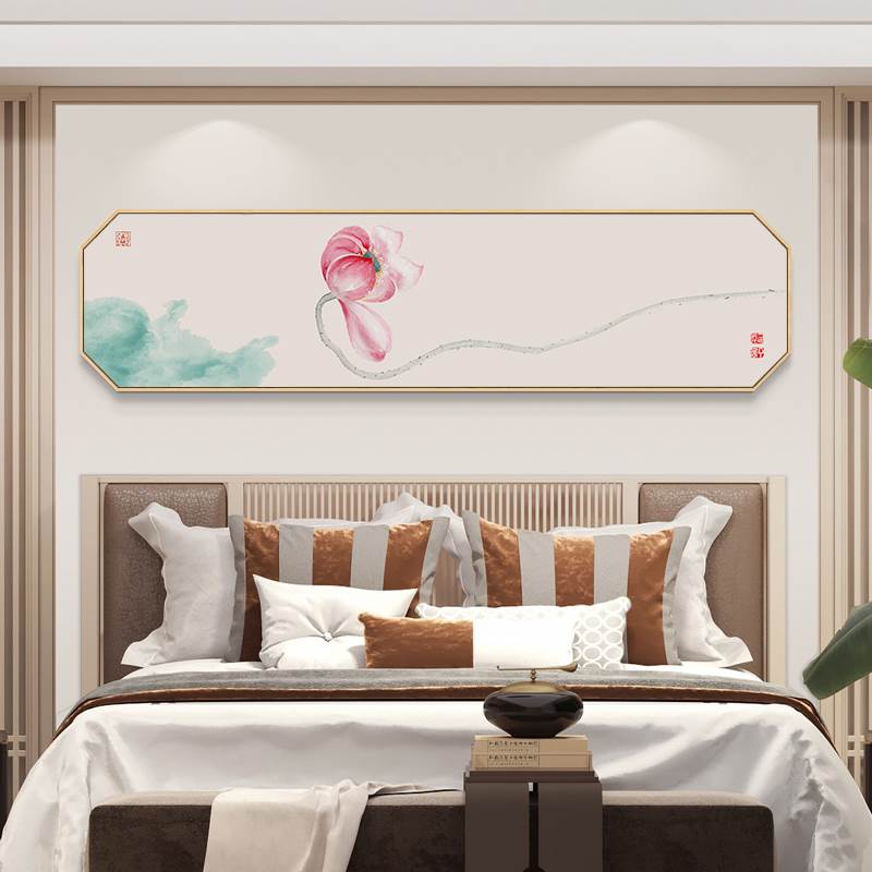 心经字画禅意荷花八边形挂画酒店民宿床头壁画新中式客厅装饰画横